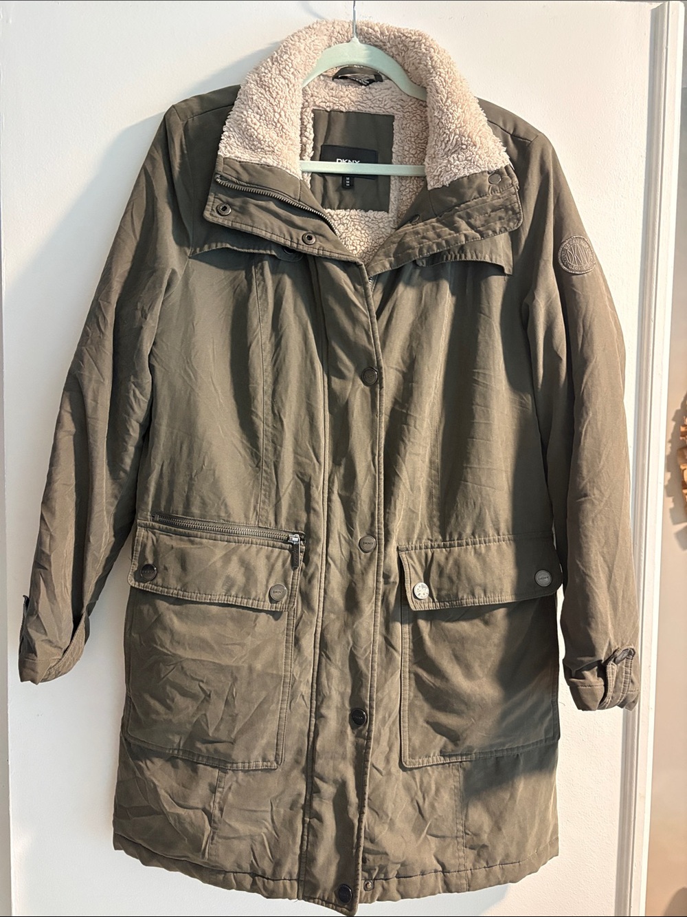 DKNY Olive Green Trench Coat with Cream Sherpa Collar